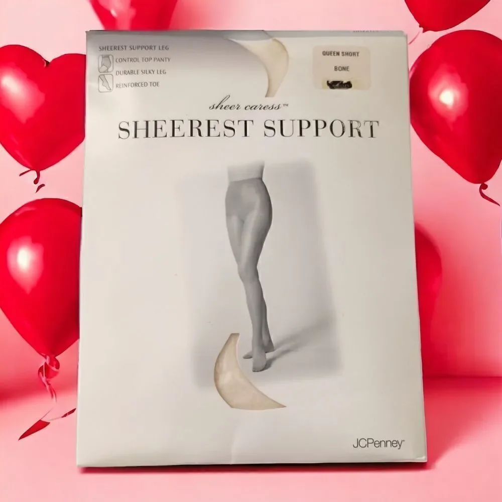 JCPenney Sheer Caress Pantyhose Stockings Sheerest Support Queen Short Bone NEW.